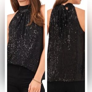 NWT Vince Camuto black sequin mock neck tie back sleeveless blouse